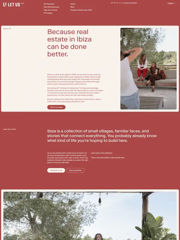 Лендинг Let Us Ibiza, тематика — Мероприятия, цвета — Белый, Серый, Красный, стиль — Корпоративный, Минимализм, Органический и природный, типографика — С засечками, Без засечек