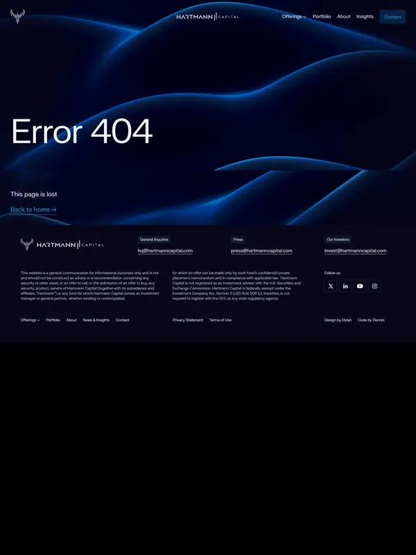 404-страница Hartmann Capital, тематика — Финансы, цвета — Черный, стиль — Корпоративный, Минимализм, типографика — Без засечек