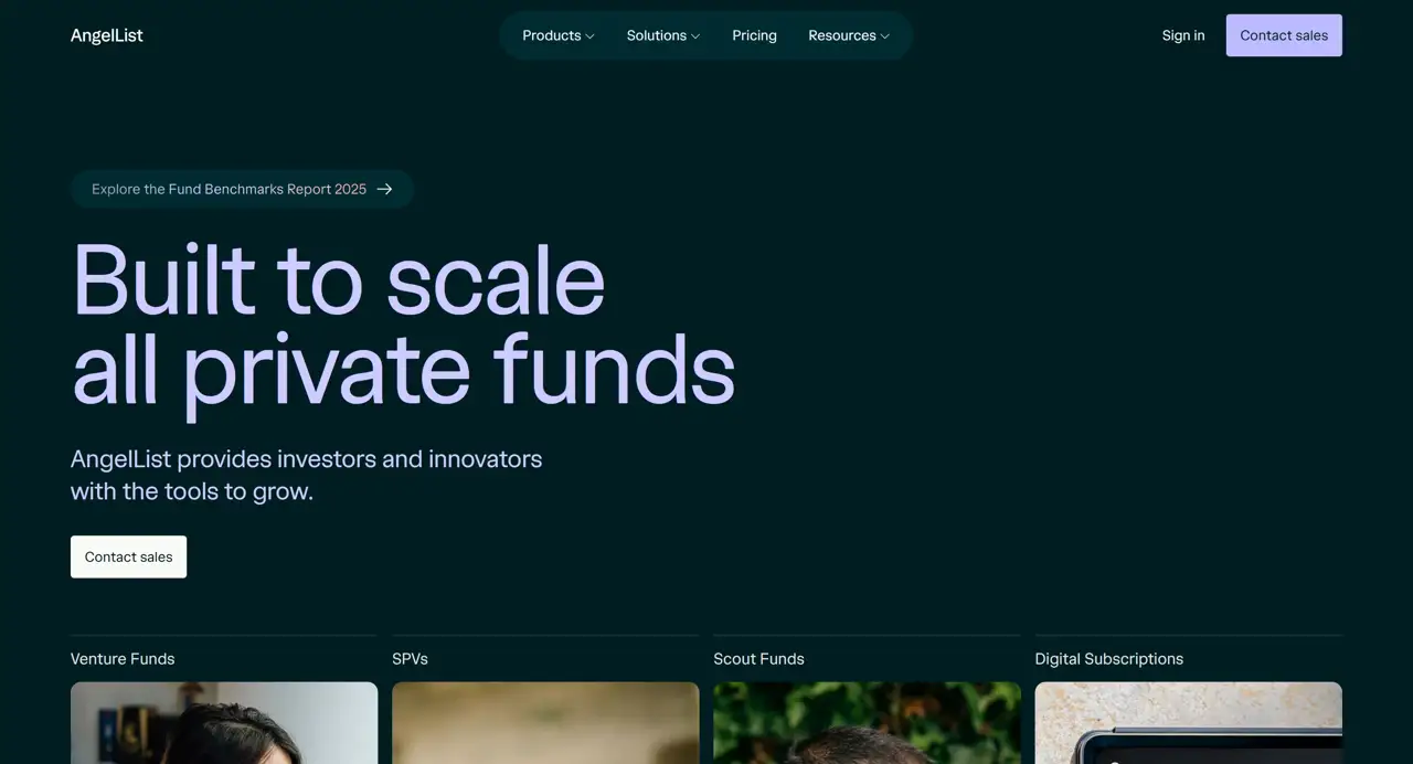 Секция «Первый экран» с сайта https://www.angellist.com/, тематика — SaaS, цвета — Черный, стиль — Корпоративный, Минимализм, типографика — Без засечек