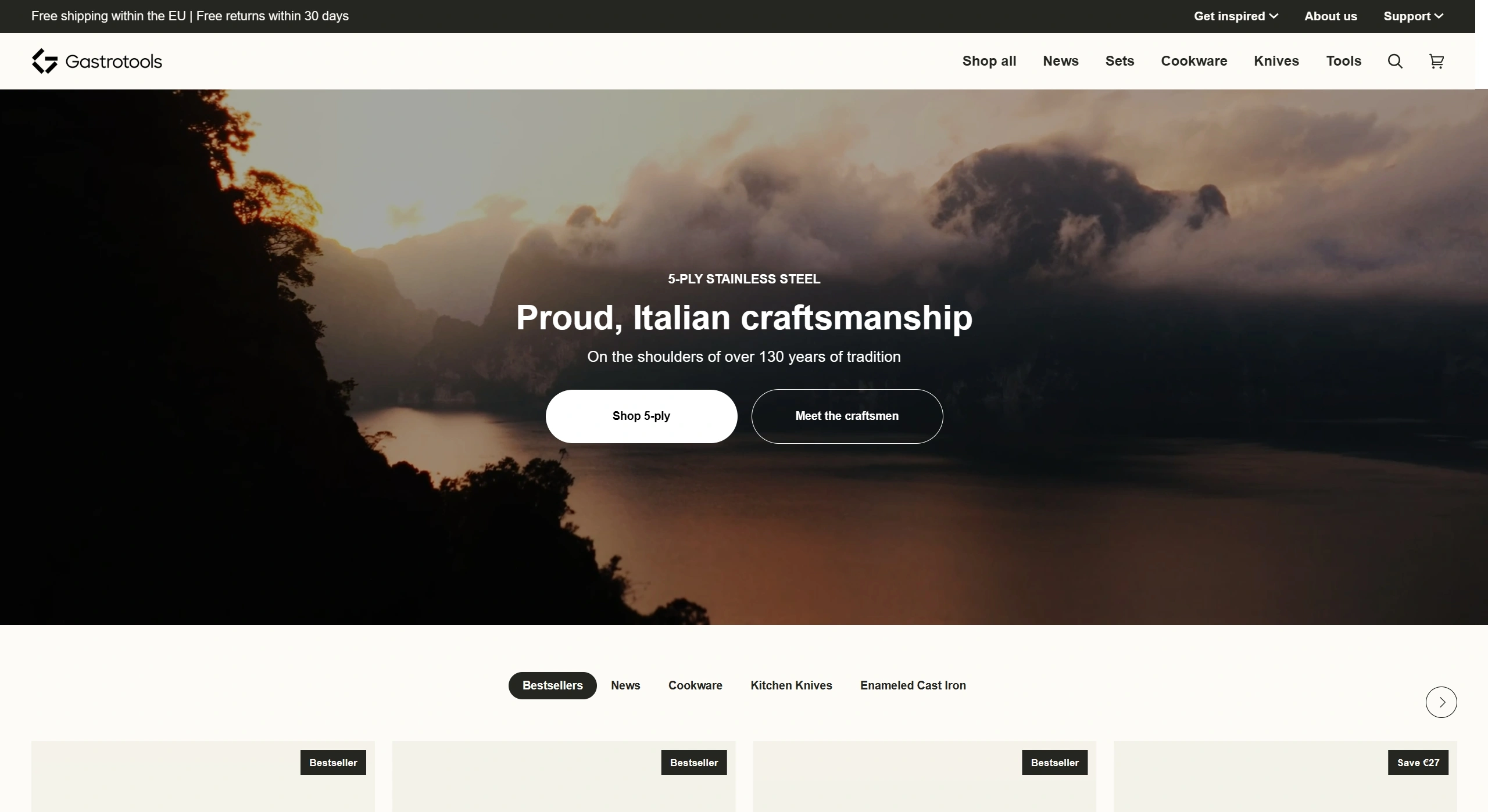 Gastrotools Секция «Первый экран» с сайта https://gastrotools.com/, тематика — Еда и напитки, цвета — Белый, Черный, Серый, стиль — Корпоративный, Минимализм, Органический и природный, типографика — Без засечек