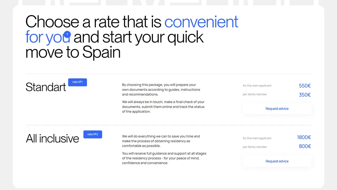 Секция «Цены» с сайта https://espanium.com/en, тематика — Путешествия и туризм, цвета — Белый, стиль — Корпоративный, Минимализм, типографика — Без засечек
