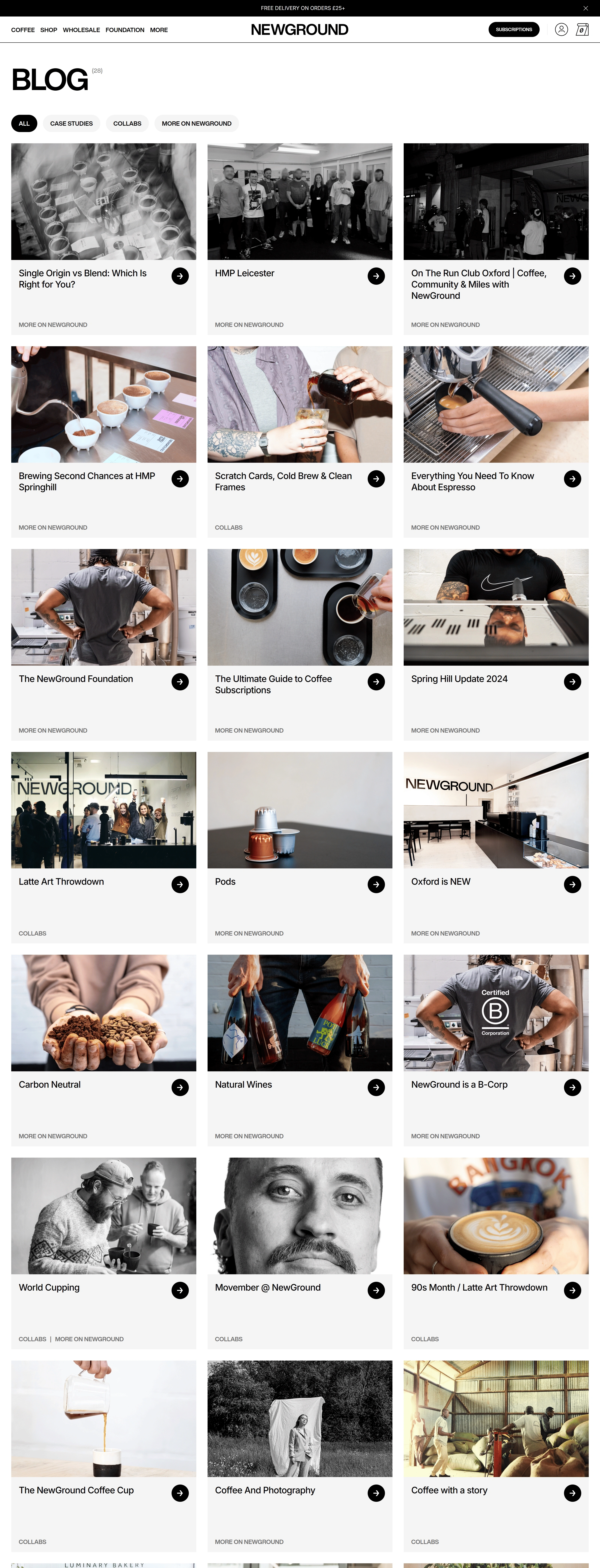 NewGround Coffee Блог NewGround Coffee, тематика — Еда и напитки, цвета — Белый, Черный, Серый, стиль — Карточный, Минимализм, типографика — Без засечек