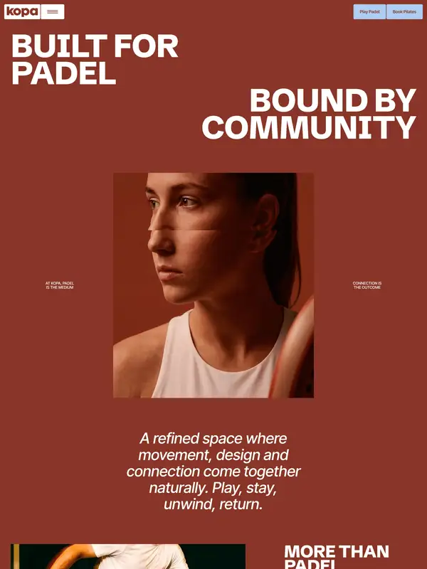 Страница о компании Kopa Padel, тематика — Развлечения, Другое, цвета — Белый, Серый, Коричневый, стиль — Минимализм, типографика — Без засечек