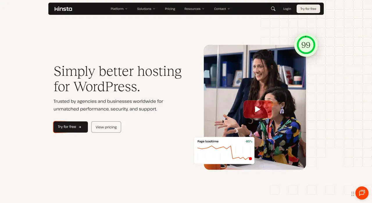 Секция «Первый экран» с сайта https://kinsta.com/, тематика — SaaS, цвета — Белый, стиль — Корпоративный, Минимализм, типографика — Без засечек