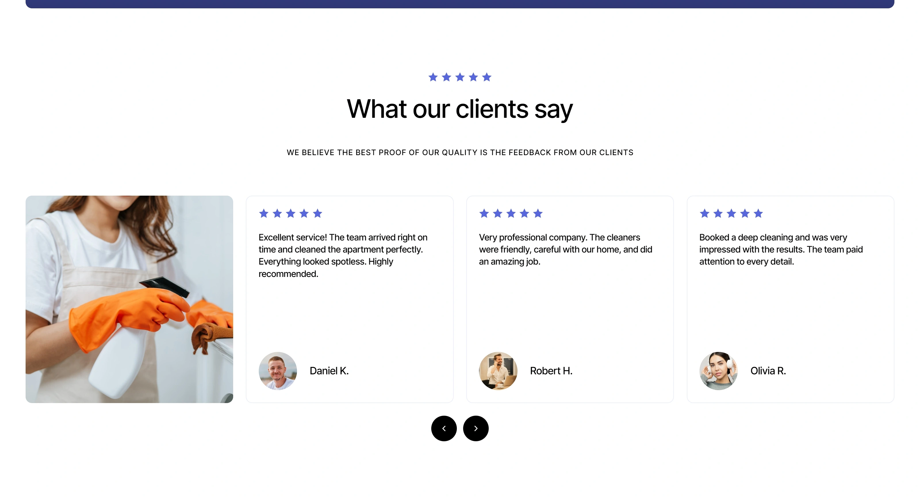 Cleaning Touch Service Секция «Отзывы» с сайта https://cleaningtouchservice.co.il/en, тематика — Бизнес и профессиональные услуги, цвета — Белый, Серый, стиль — Корпоративный, Карточный, типографика — Без засечек