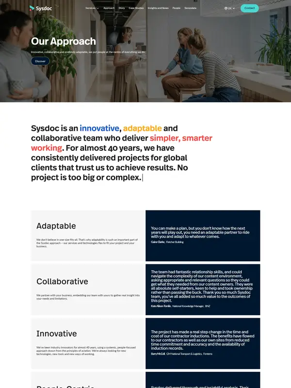 Страница о компании Sysdoc, тематика — Бизнес и профессиональные услуги, цвета — Белый, Черный, Серый, стиль — Корпоративный, Минимализм, типографика — Без засечек