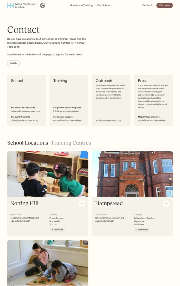 Контакты Maria Montessori Institute, тематика — Образование, цвета — Белый, Черный, Серый, стиль — Корпоративный, типографика — Без засечек