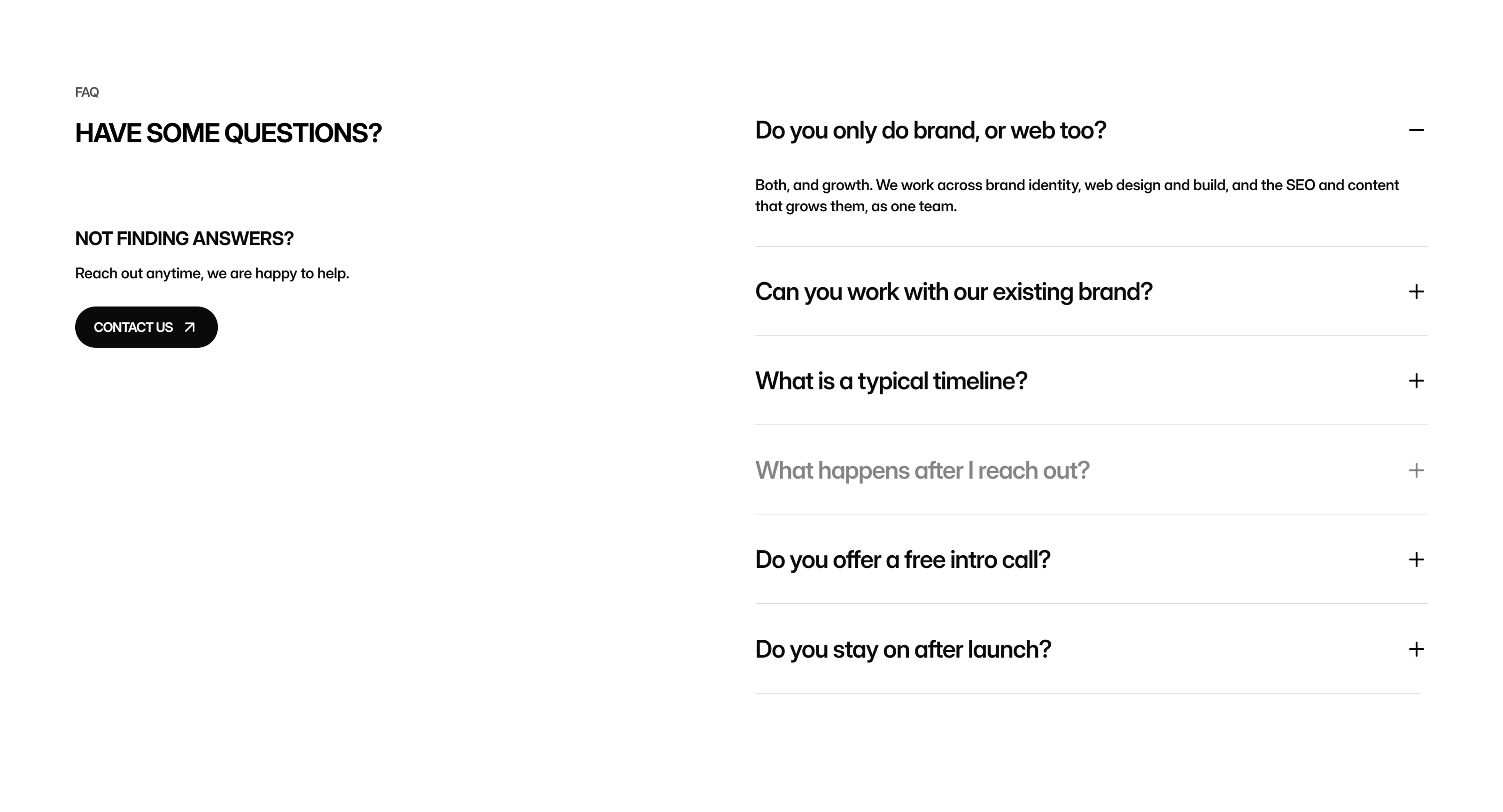 AGR Studio Секция «FAQ» с сайта https://agr.studio/, тематика — Агентство , цвета — Белый, Серый, стиль — Минимализм, типографика — Без засечек