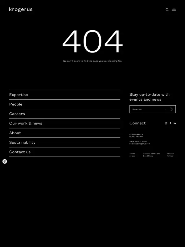 404-страница Krogerus, тематика — Бизнес и профессиональные услуги, цвета — Черный, стиль — Корпоративный, Минимализм, типографика — Без засечек