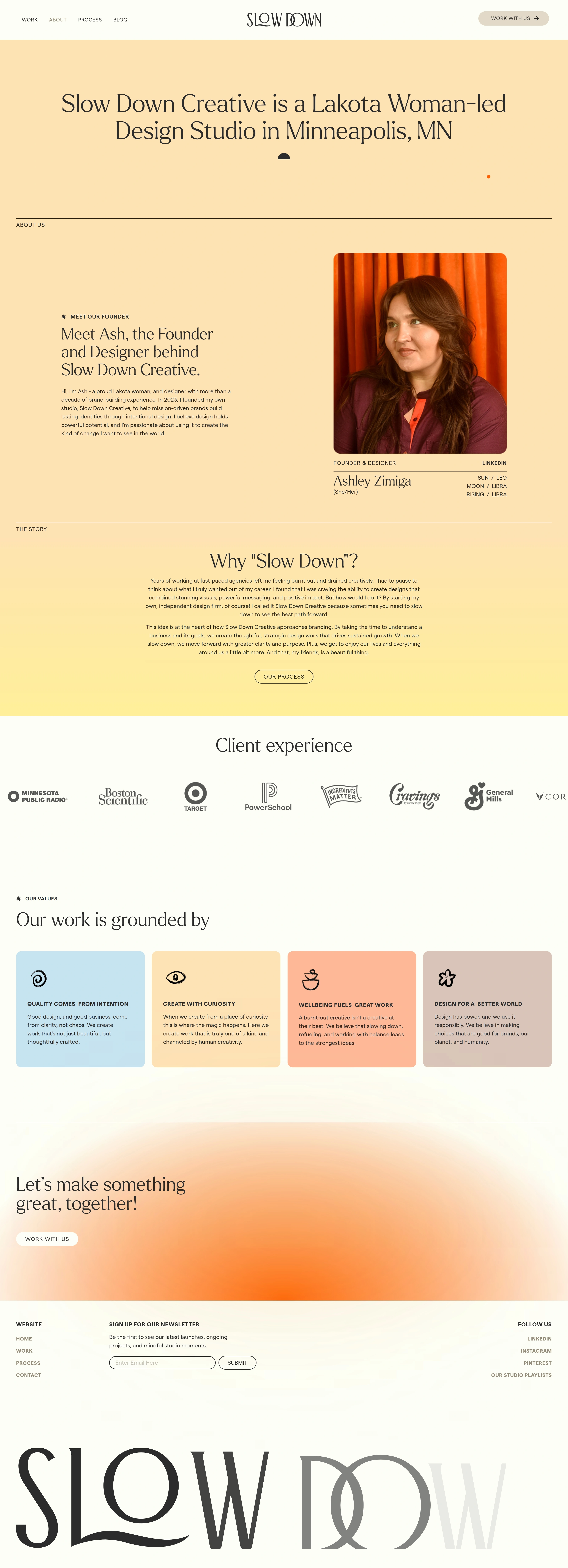 Slow Down Creative Страница о компании Slow Down Creative, тематика — Дизайн, цвета — Белый, Желтый, стиль — Классический, Минимализм, типографика — Без засечек, Декоративные