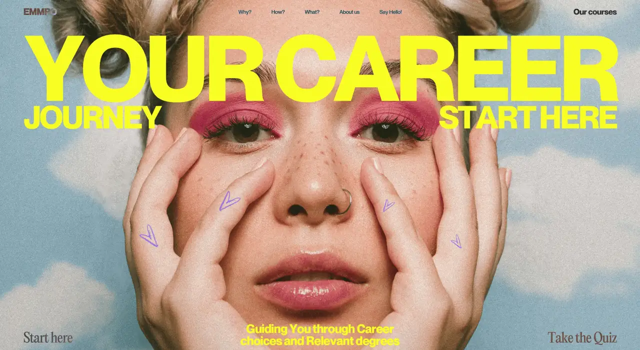 Секция «Первый экран» с сайта https://emmpo.com/, тематика — Образование, цвета — Белый, Серый, Розовый, стиль — Брутализм, типографика — Без засечек, Декоративные