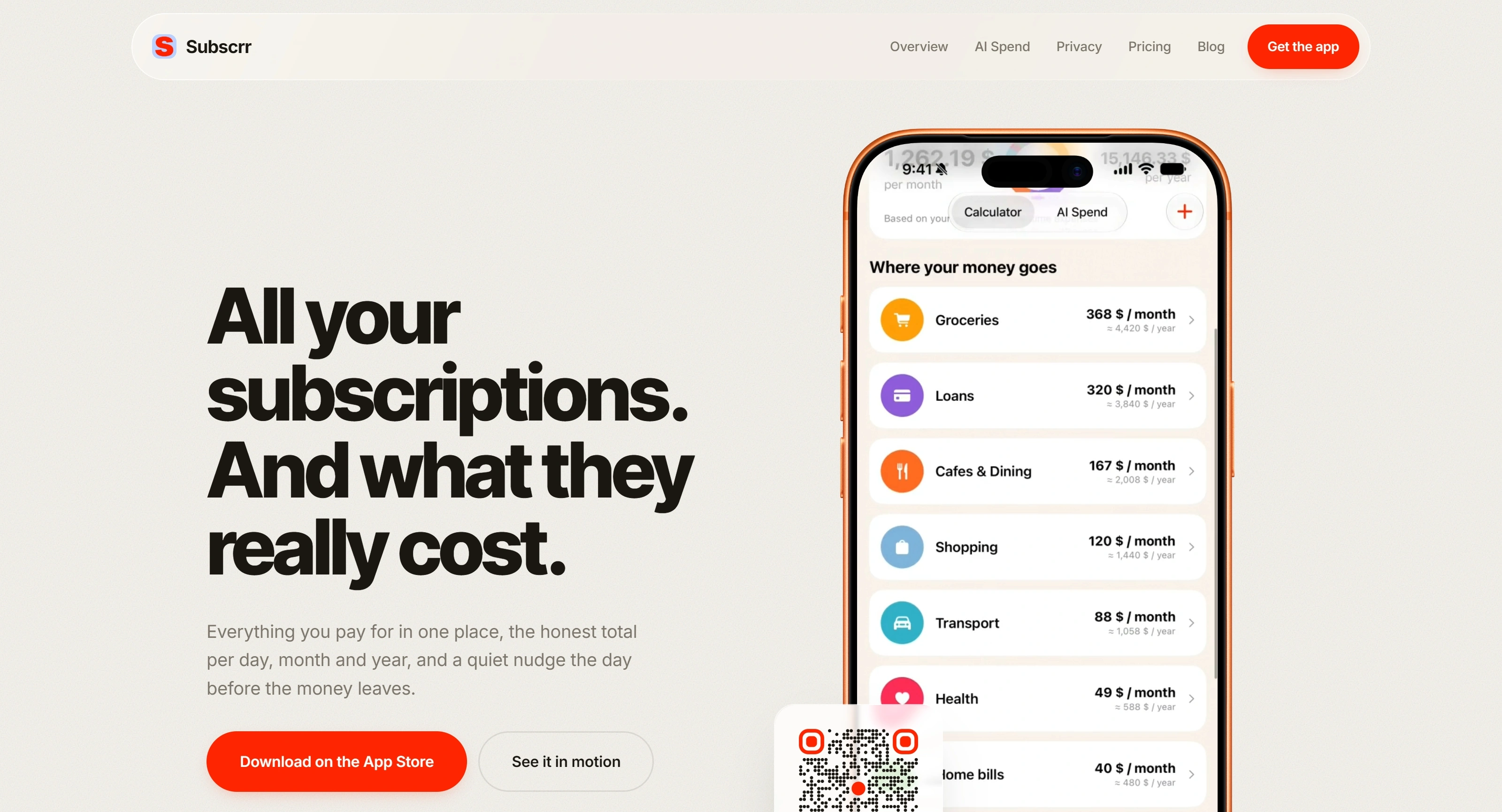 Subscrr Секция «Первый экран» с сайта https://subscrr.app/, тематика — SaaS, цвета — Белый, стиль — Корпоративный, Минимализм, типографика — Без засечек