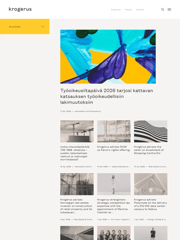 Новости Krogerus, тематика — Бизнес и профессиональные услуги, цвета — Белый, Серый, стиль — Корпоративный, Минимализм, типографика — Без засечек