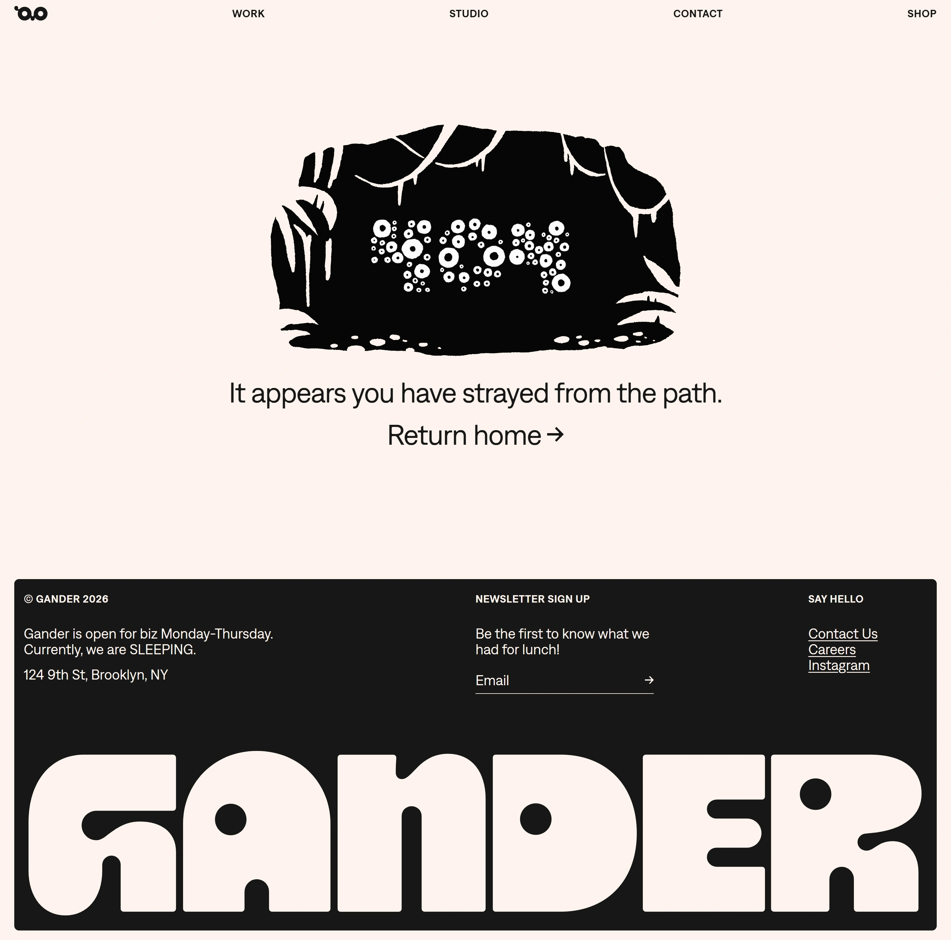 Gander 404-страница Gander, тематика — Дизайн, цвета — Белый, Черный, Серый, стиль — Минимализм, Брутализм, типографика — Без засечек, Декоративные