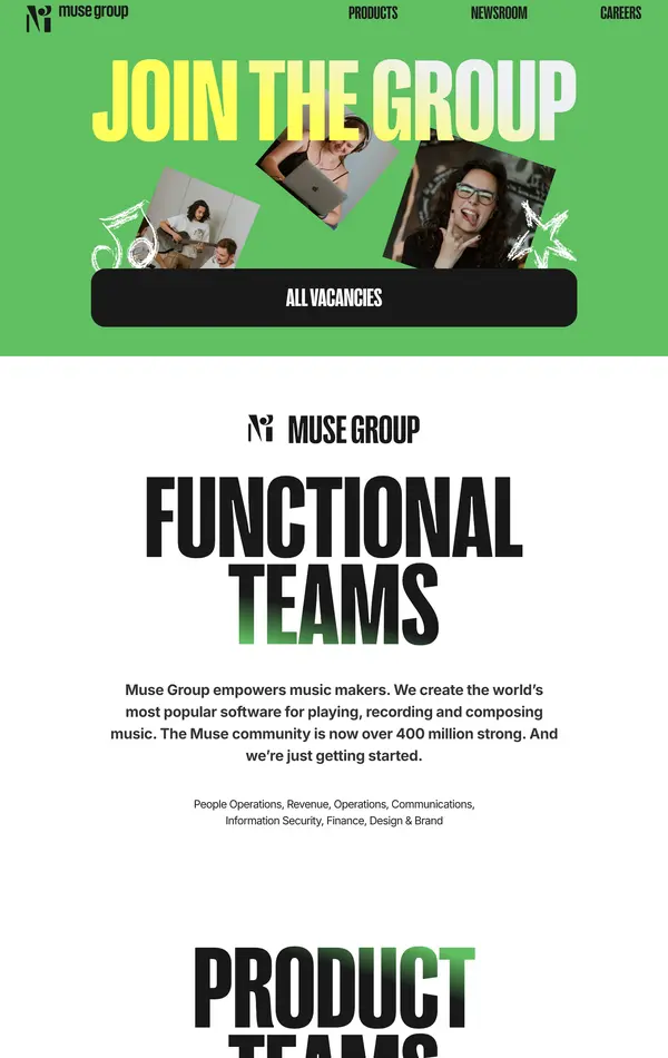 Главная Muse Group, тематика — Музыка, цвета — Белый, Серый, стиль — Корпоративный, типографика — Без засечек