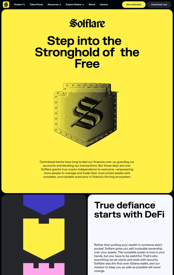Страница о компании Solflare, тематика — Крипто  и блокчейн, цвета — Белый, Черный, Серый, Желтый, стиль — Брутализм, типографика — Без засечек