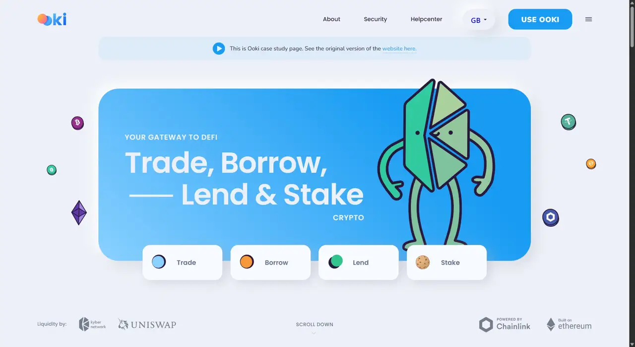 Секция «Первый экран» с сайта https://ooki.zajno.com/, тематика — Крипто  и блокчейн, цвета — Белый, Синий, стиль — Плоский, Рисованный, типографика — Без засечек