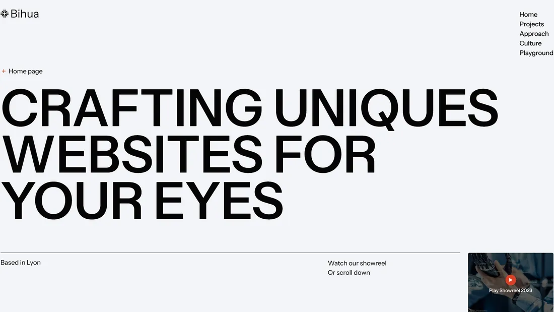 Секция «Первый экран» с сайта https://bihua.fr/, тематика — Дизайн, Агентство , цвета — Белый, Серый, стиль — Минимализм, типографика — Без засечек