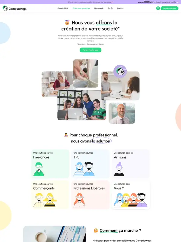 Страница о компании Comptaways, тематика — Бизнес и профессиональные услуги, цвета — Белый, Серый, стиль — Корпоративный, Карточный, типографика — Без засечек