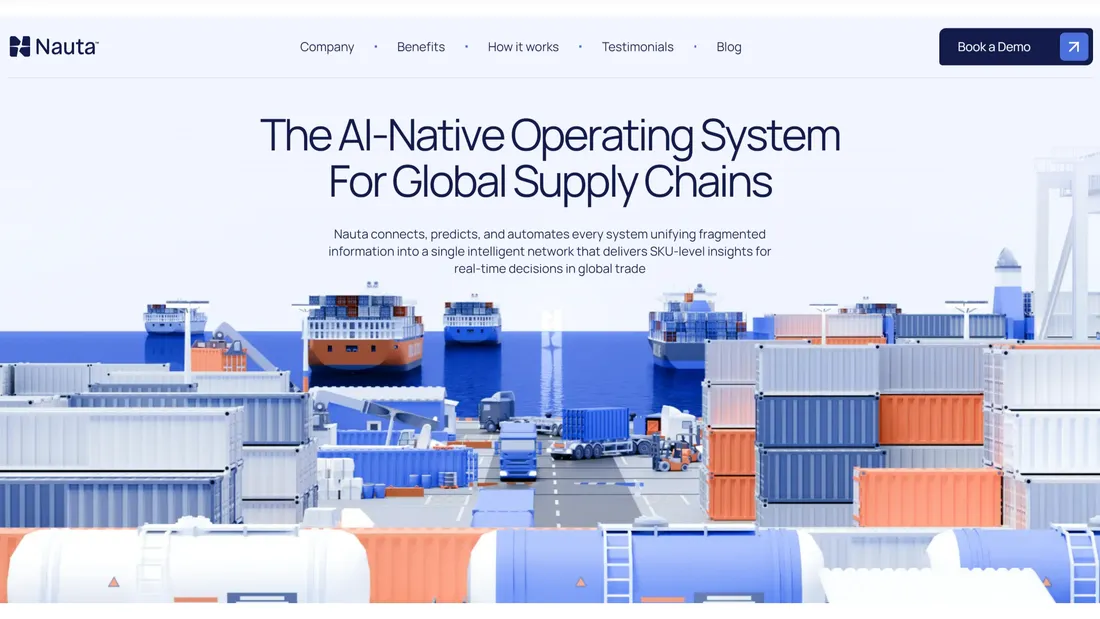 Секция «Первый экран» с сайта https://www.getnauta.com/, тематика — Логистика, цвета — Белый, Серый, стиль — Корпоративный, Полигональный, типографика — Без засечек