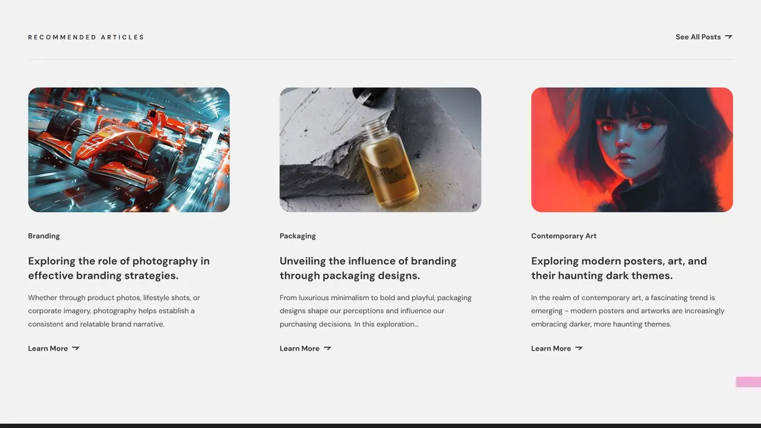 Секция «Блог» с сайта https://linel.webflow.io/, тематика — Блог, цвета — Белый, Серый, стиль — Минимализм, типографика — Без засечек