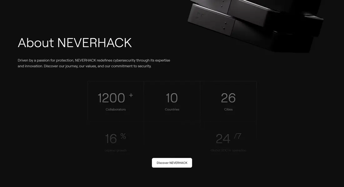 Секция «О компании» с сайта https://neverhack.com/en, тематика — IT и программное обеспечение, цвета — Черный, стиль — Корпоративный, Минимализм, типографика — Без засечек
