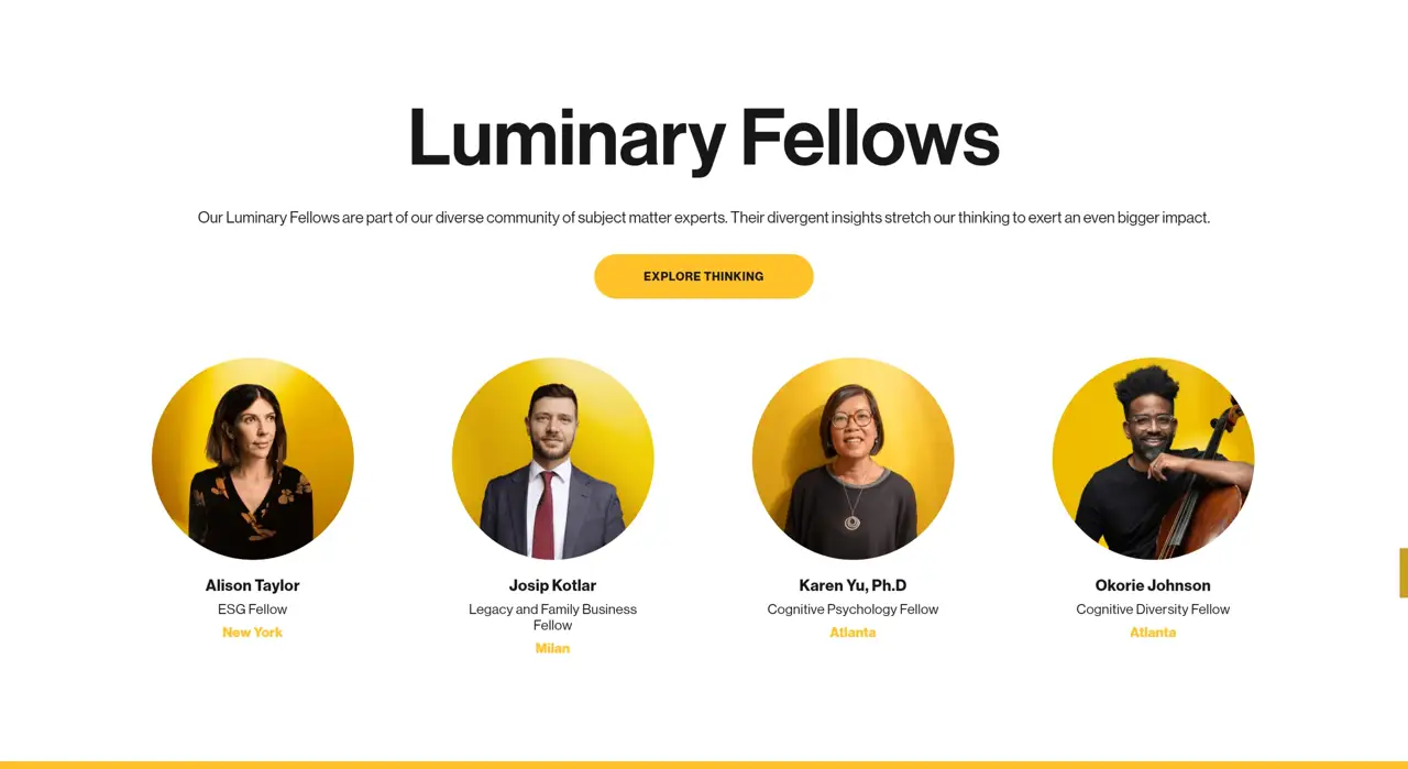 Секция «Команда» с сайта https://bcgbrighthouse.com/, тематика — Бизнес и профессиональные услуги, цвета — Белый, Серый, Желтый, стиль — Корпоративный, Карточный, Минимализм, типографика — Без засечек