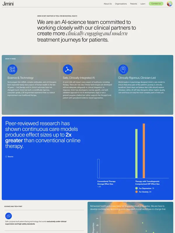 Страница о компании Jimini Health, тематика — Здоровье и фитнес, цвета — Белый, Серый, Синий, стиль — Корпоративный, Минимализм, типографика — Без засечек