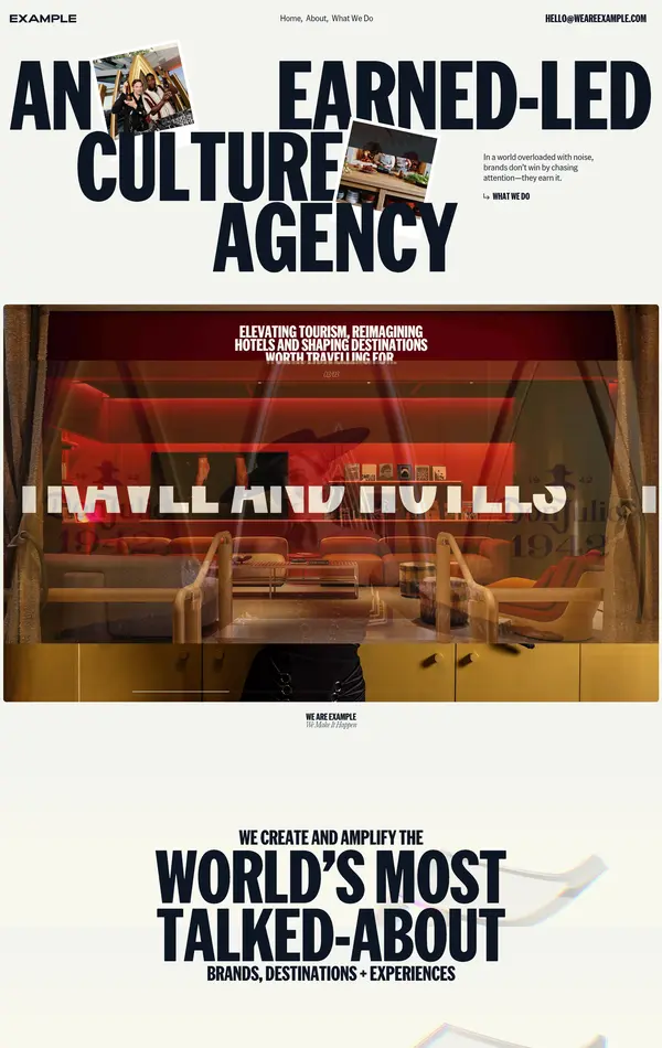 Главная Example, тематика — Агентство , цвета — Белый, Черный, Серый, Коричневый, стиль — Корпоративный, типографика — Без засечек