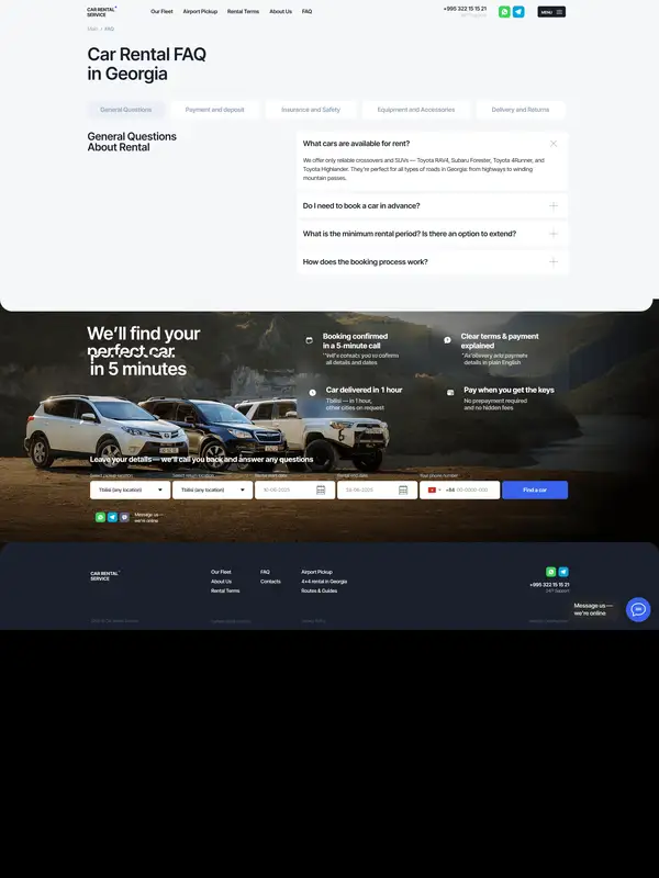 База знаний 4×4 Car Rental, тематика — Путешествия и туризм, цвета — Белый, Черный, Серый, стиль — Корпоративный, Минимализм, типографика — Без засечек