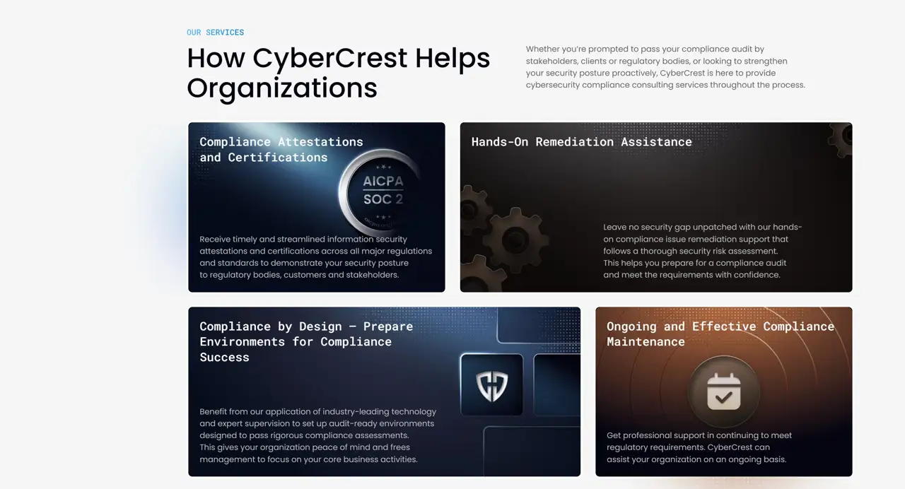 Секция «Услуги» с сайта https://www.cybercrestcompliance.com/, тематика — IT и программное обеспечение, цвета — Белый, Черный, Серый, стиль — Корпоративный, Карточный, типографика — Без засечек, Моноширинные