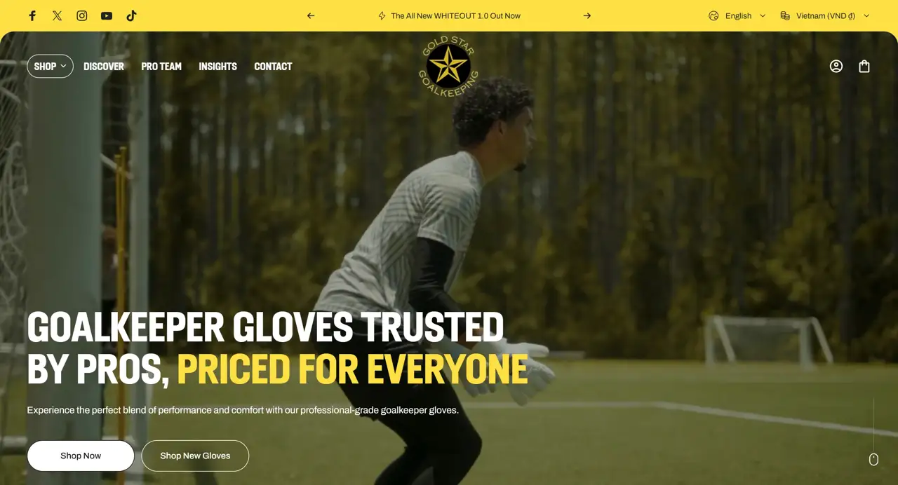 Секция «Первый экран» с сайта https://www.goldstargoalkeeping.com/, тематика — Интернет-магазин, цвета — Черный, Серый, Коричневый, стиль — Минимализм, типографика — Без засечек
