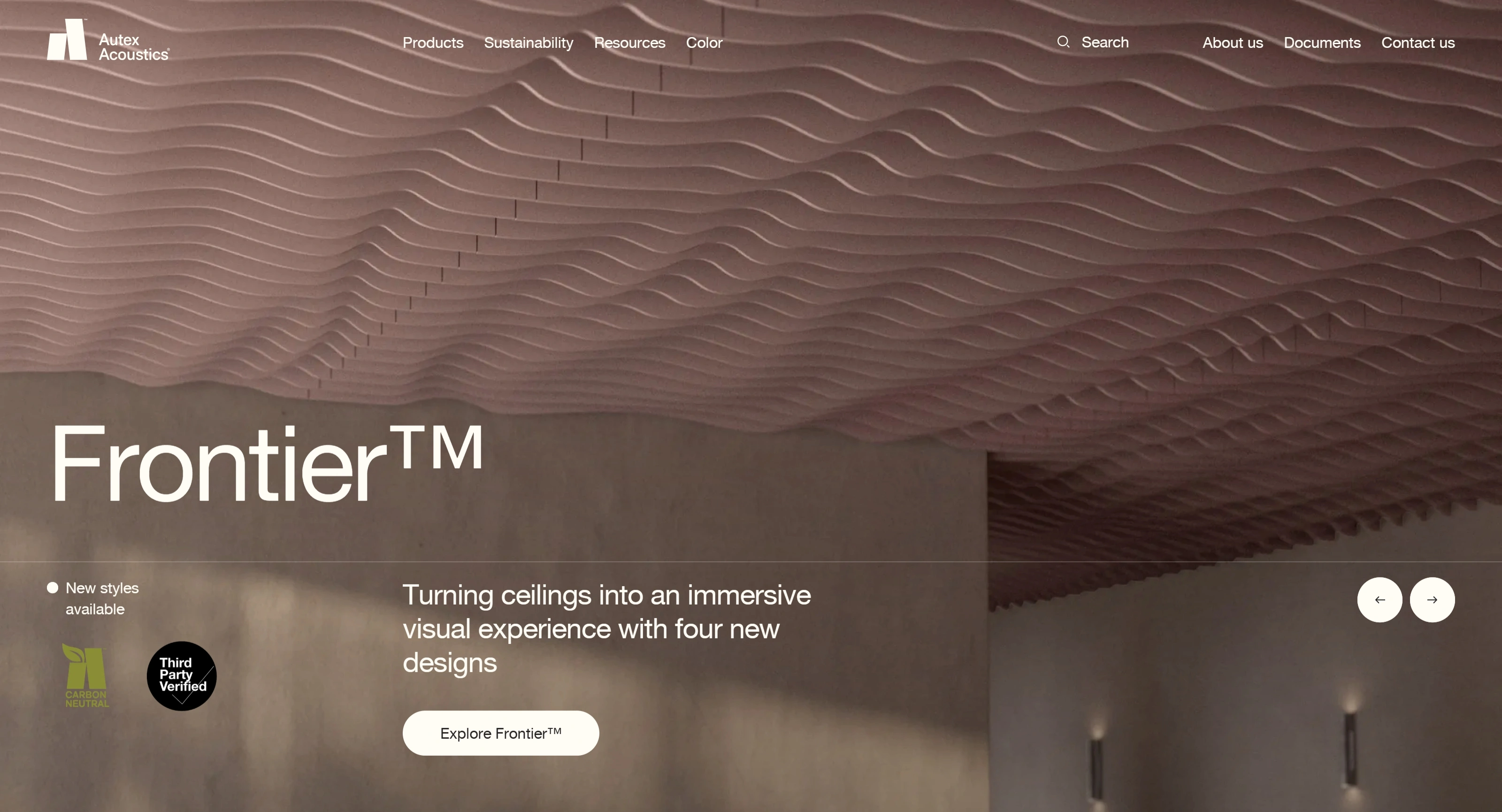 Autex Acoustics Секция «Первый экран» с сайта http://autexacoustics.com/, тематика — Другое, цвета — Черный, Серый, Коричневый, стиль — Корпоративный, Минимализм, типографика — Без засечек