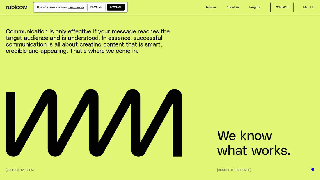 Секция «Первый экран» с сайта https://rubicom.ch/en/, тематика — Маркетинг, цвета — Желтый, стиль — Типографика, Брутализм, типографика — Без засечек