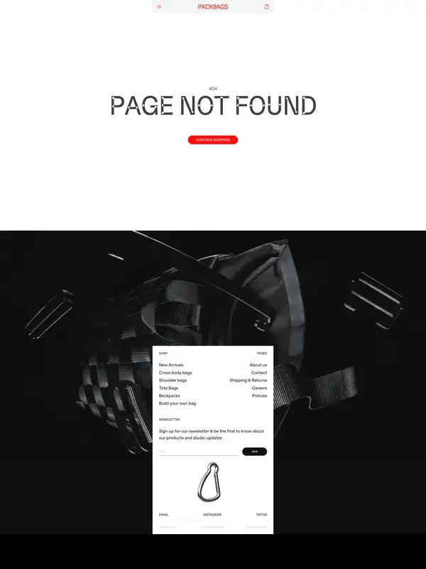 404-страница PACK BAGS, тематика — Интернет-магазин, цвета — Белый, Черный, стиль — Минимализм, Брутализм, типографика — Без засечек, Декоративные