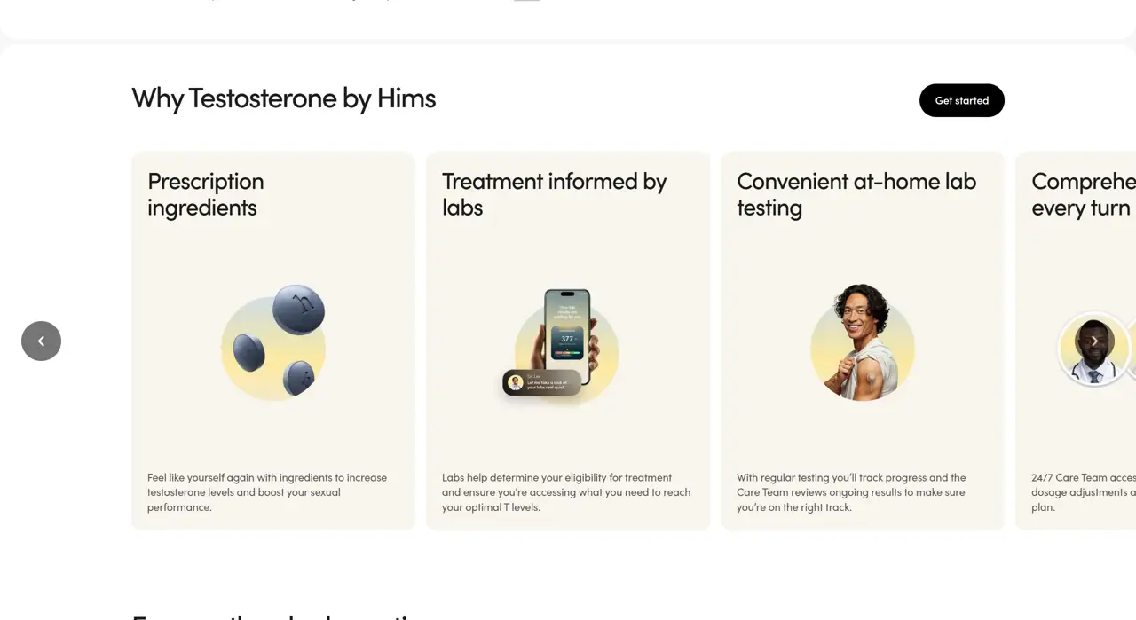 Секция «Преимущества» с сайта https://www.hims.com/, тематика — Здоровье и фитнес, цвета — Белый, стиль — Карточный, Минимализм, типографика — Без засечек