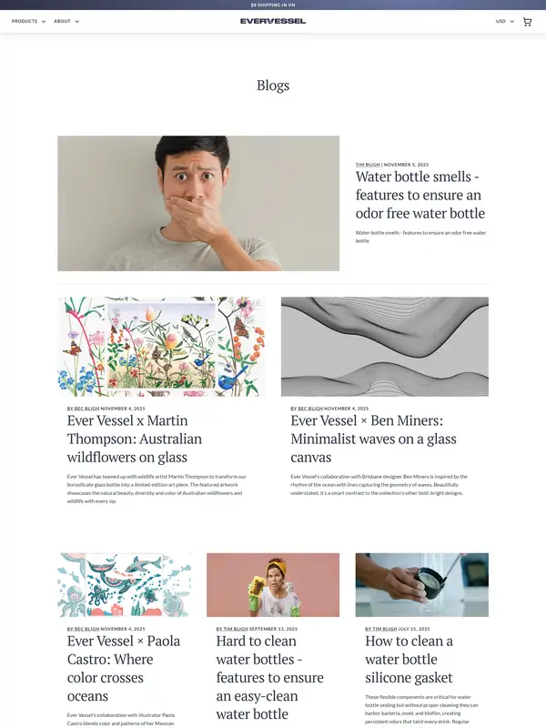 Блог Ever Vessel, тематика — Интернет-магазин, цвета — Белый, Черный, Серый, стиль — Корпоративный, Карточный, Минимализм, типографика — С засечками, Без засечек