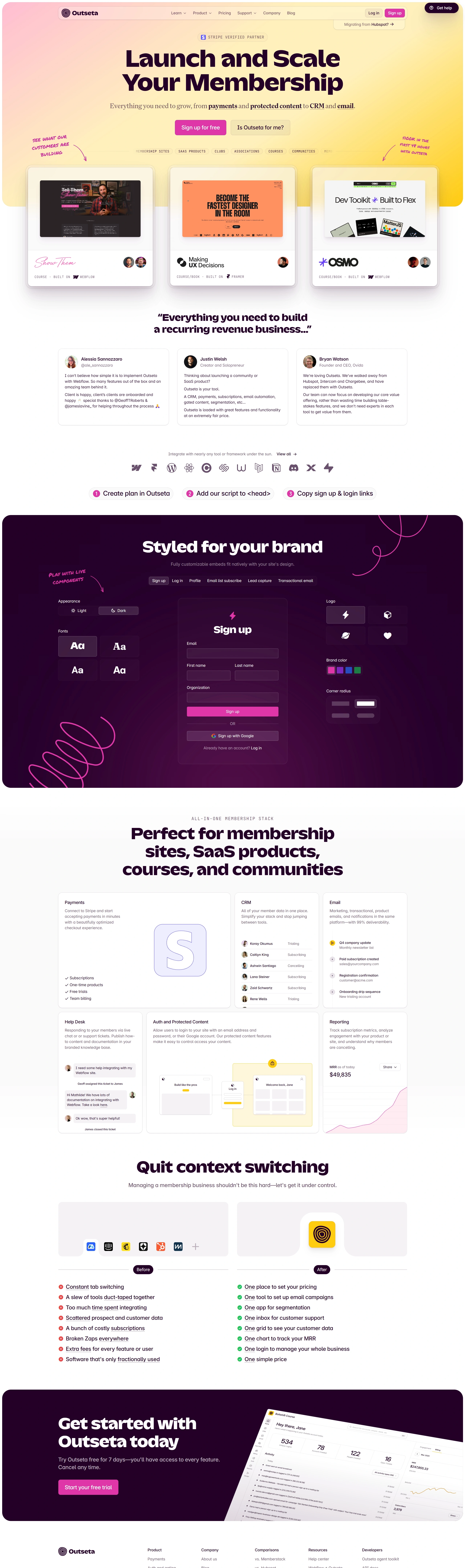 Outseta Главная Outseta, тематика — SaaS, цвета — Белый, Черный, стиль — Корпоративный, Минимализм, типографика — Без засечек