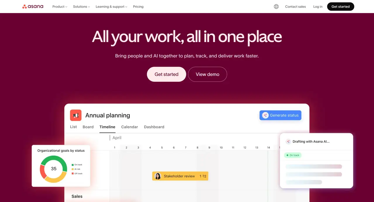 Секция «Первый экран» с сайта https://asana.com/, тематика — SaaS, цвета — Белый, Коричневый, стиль — Корпоративный, Минимализм, типографика — Без засечек