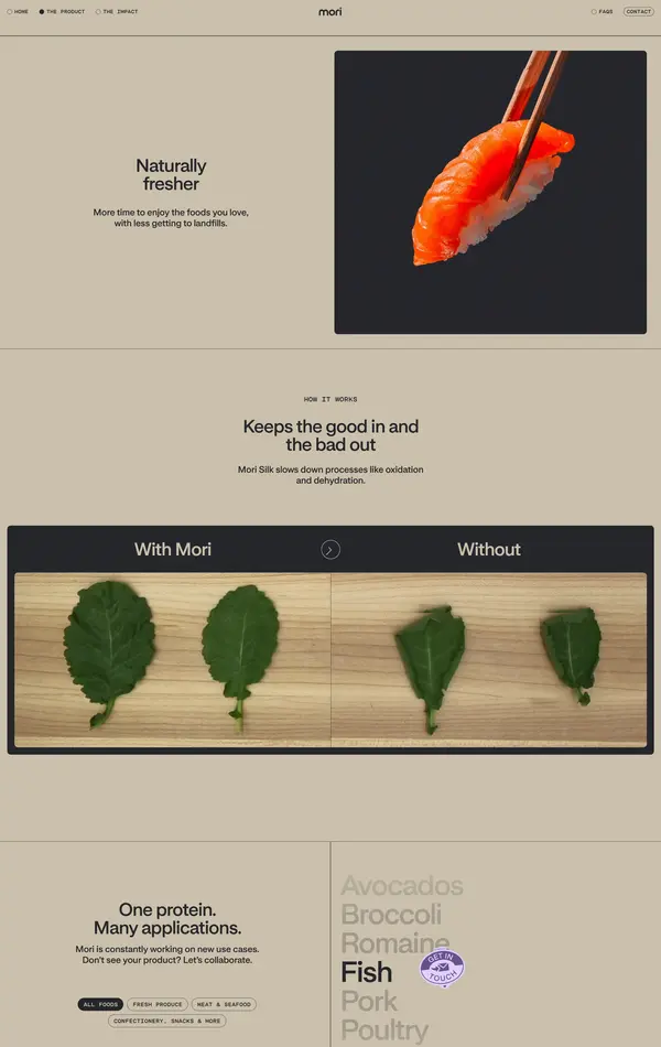 Продукт Mori, тематика — Продукт, Еда и напитки, цвета — Белый, Черный, Серый, стиль — Корпоративный, типографика — Без засечек