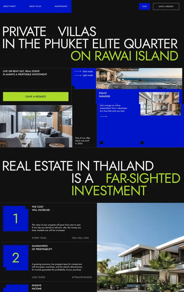 Лендинг Private Villas, тематика — Недвижимость, цвета — Черный, Серый, Синий, стиль — Типографика, Брутализм, типографика — Без засечек