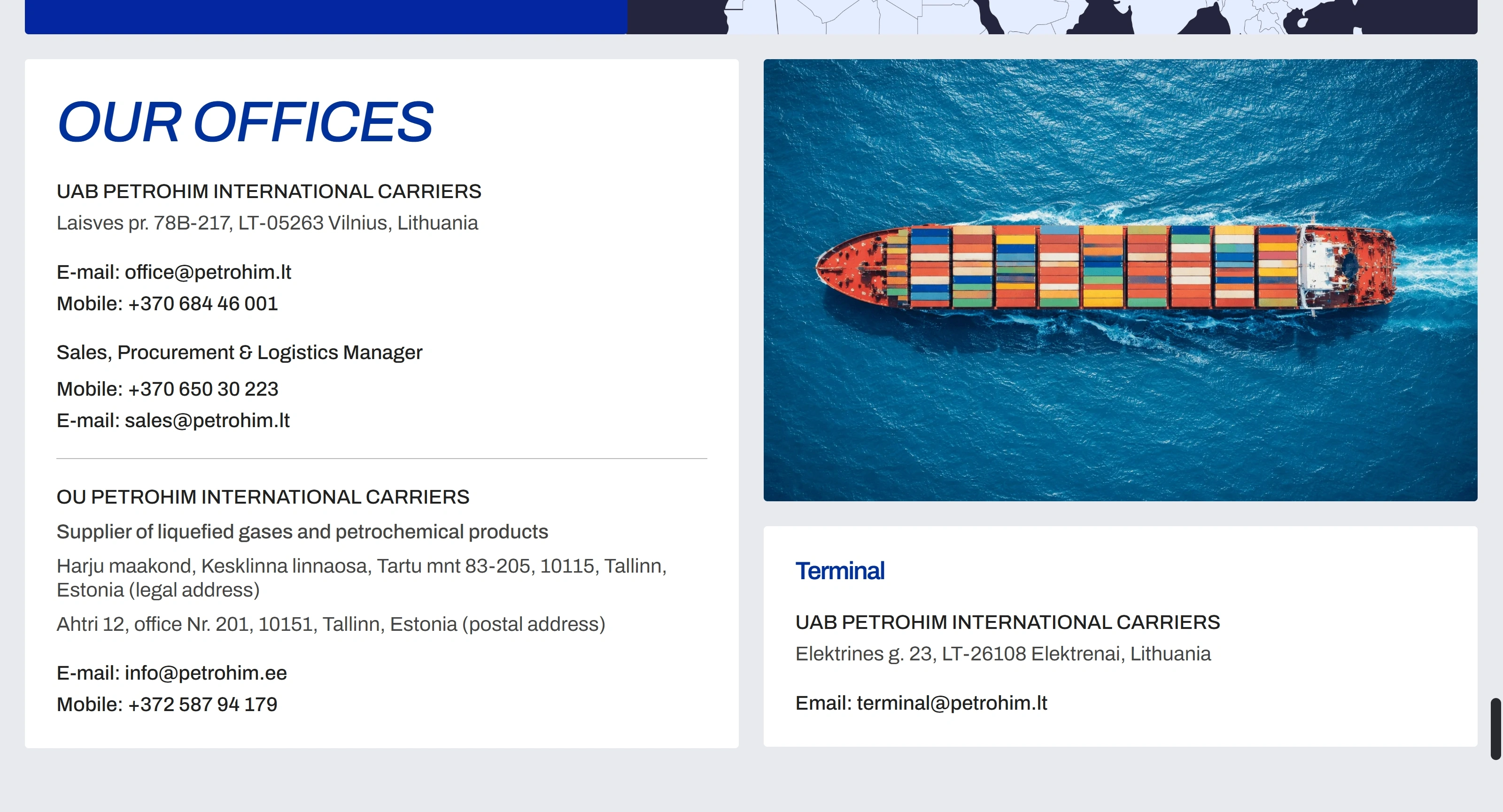 Petrohim Секция «Контакты» с сайта https://petrohim.lt/, тематика — Другое, цвета — Белый, Серый, Синий, стиль — Корпоративный, типографика — Без засечек