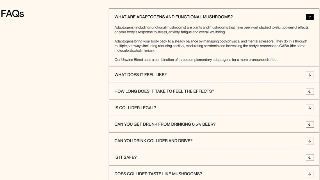 Секция «FAQ» с сайта https://www.drinkcollider.com/, тематика — Еда и напитки, цвета — Белый, стиль — Минимализм, типографика — Без засечек