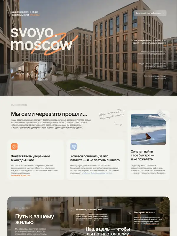 Лендинг svoyo, тематика — Недвижимость, цвета — Белый, Серый, стиль — Корпоративный, типографика — Без засечек
