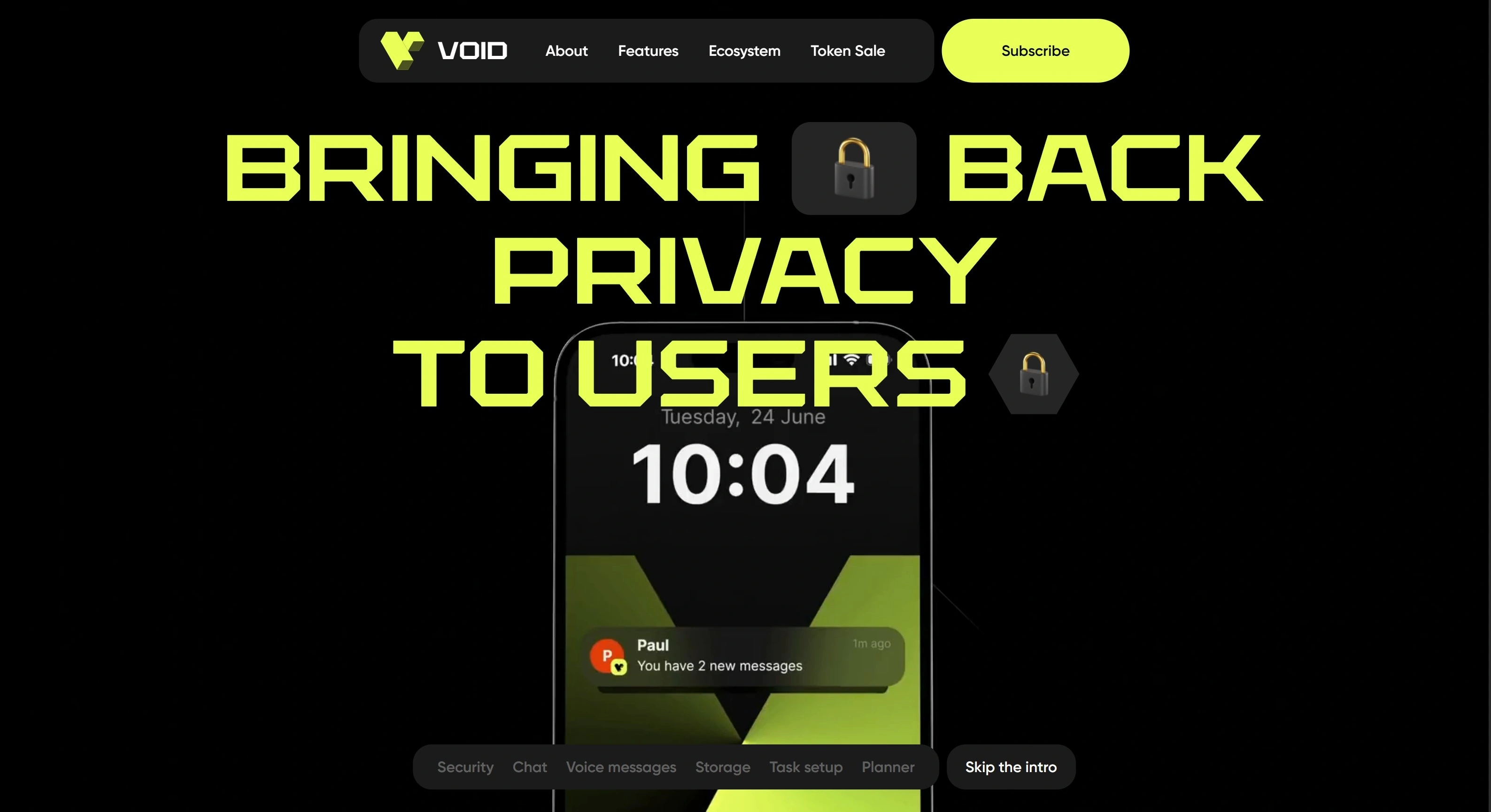VOID Секция «Первый экран» с сайта https://void.sbs/, тематика — IT и программное обеспечение, цвета — Черный, стиль — Брутализм, типографика — Без засечек, Декоративные