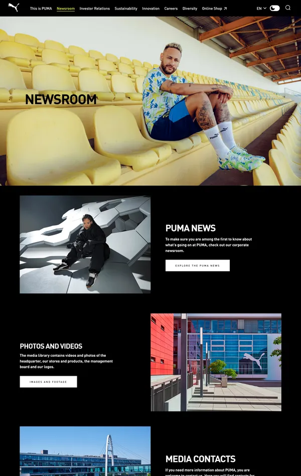 Новости PUMA, тематика — Интернет-магазин, Одежда, цвета — Черный, Серый, стиль — Корпоративный