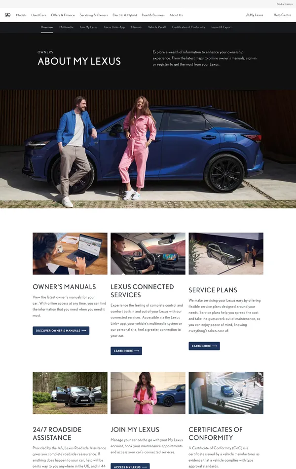 Страница о компании Lexus, тематика — Бизнес и профессиональные услуги, цвета — Белый, Черный, Серый, стиль — Корпоративный, типографика — Без засечек