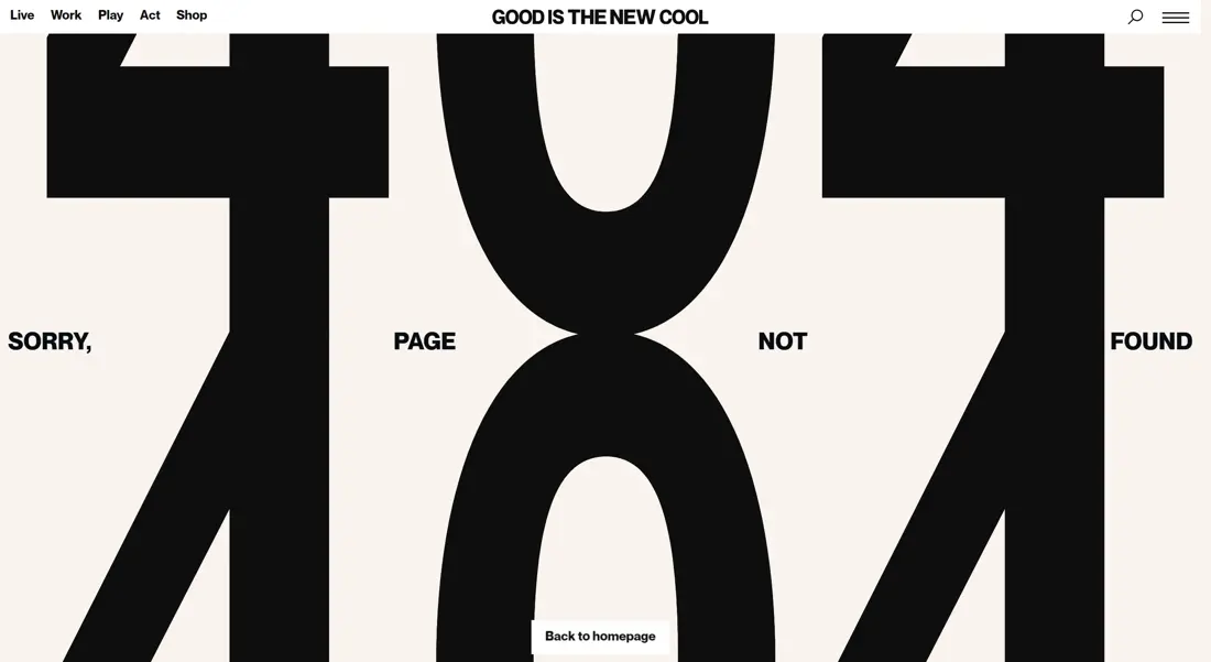 404-страница Good is the New Cool, тематика — Другое, цвета — Белый, Черный, стиль — Минимализм, Брутализм, типографика — Без засечек