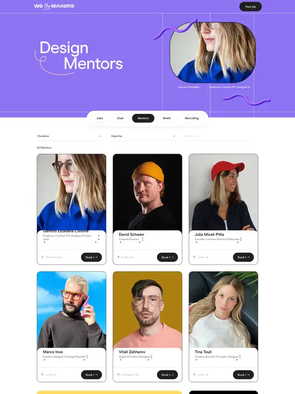 Каталог We the Makers, тематика — Комьюнити, цвета — Белый, Серый, Фиолетовый, стиль — Корпоративный, Карточный, типографика — Без засечек