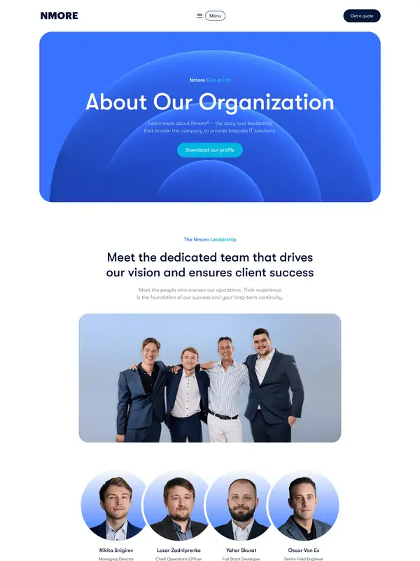 Страница о компании Nmore Group, тематика — IT и программное обеспечение, цвета — Белый, Серый, Синий, стиль — Корпоративный, Минимализм, типографика — Без засечек